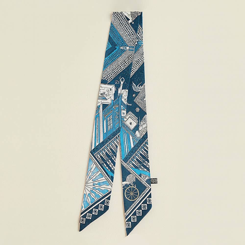 Geometric Architectural Pattern Printed Twilly Skinny Scarf: Blue,Light
