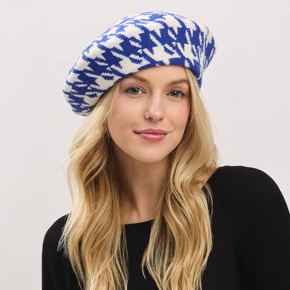 Houndstooth Knit Beret Hat: Royal Blue
