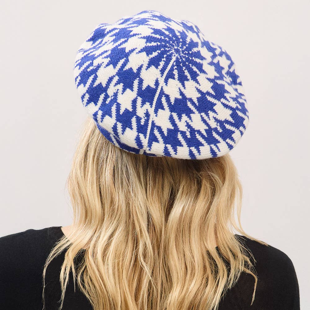 Houndstooth Knit Beret Hat: Royal Blue