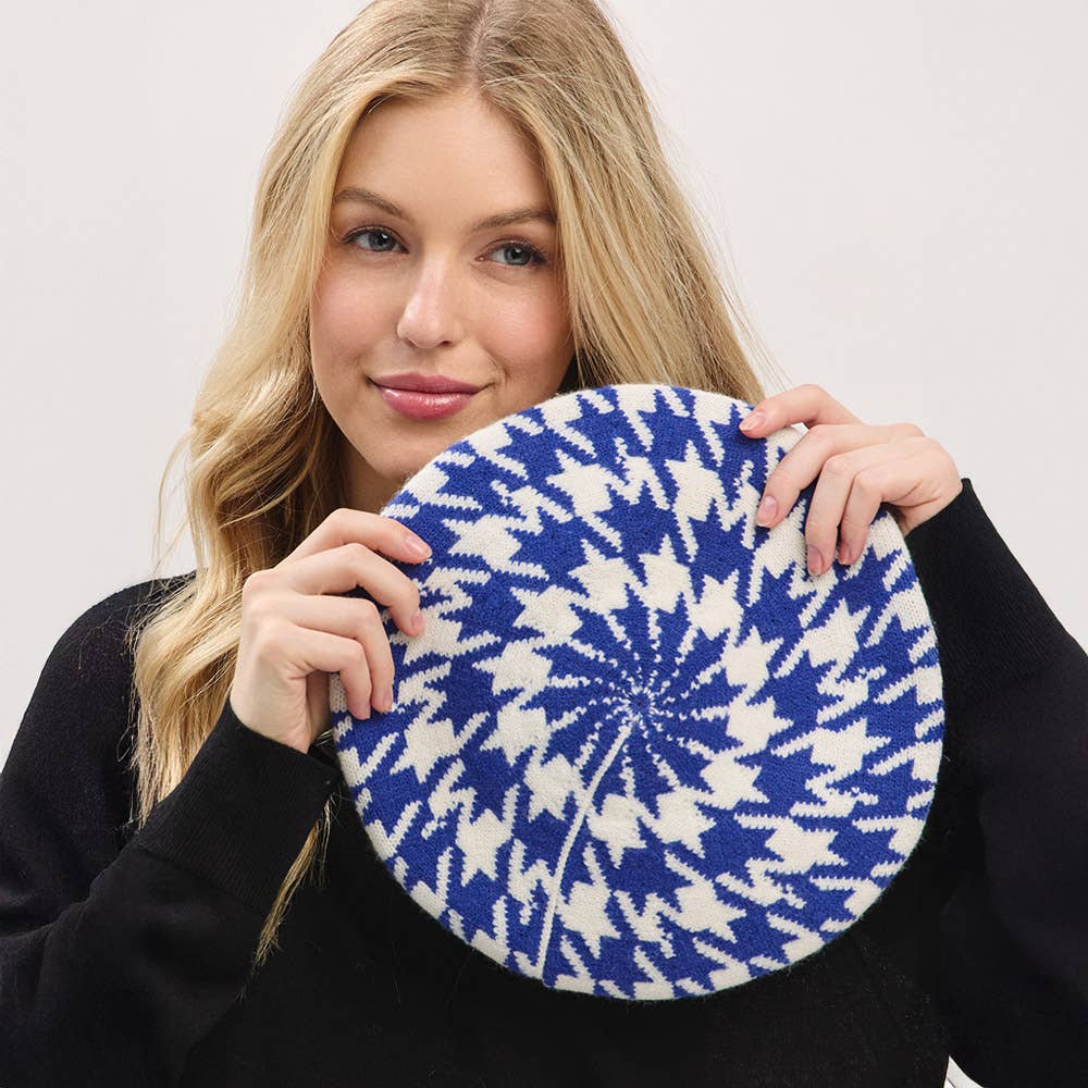 Houndstooth Knit Beret Hat: Royal Blue
