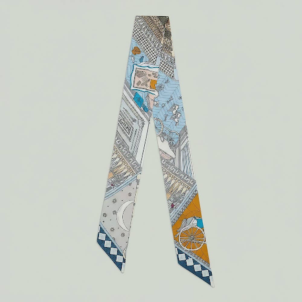 Geometric Architectural Pattern Printed Twilly Skinny Scarf: Blue,Light