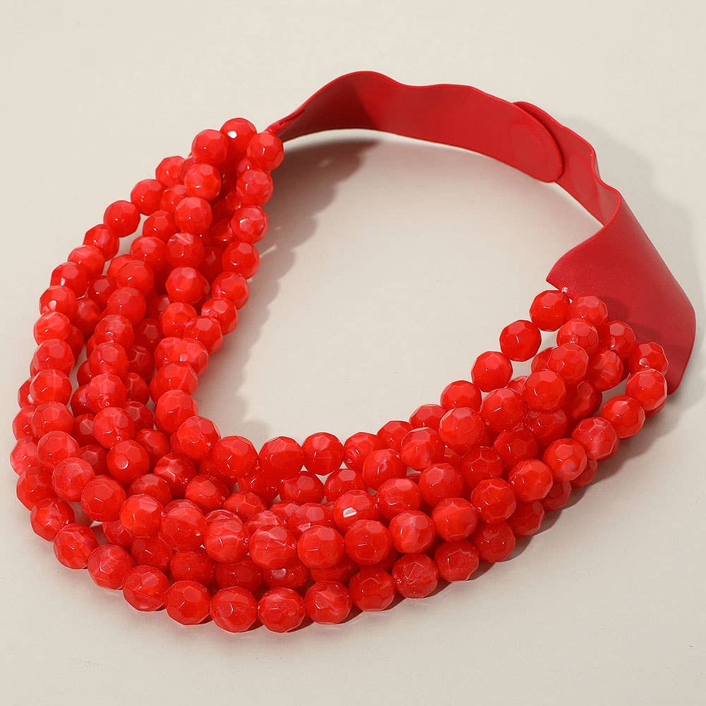 Marbled Faceted Ball Beaded Multi Layered Faux Leather Magnetic Necklace: Red