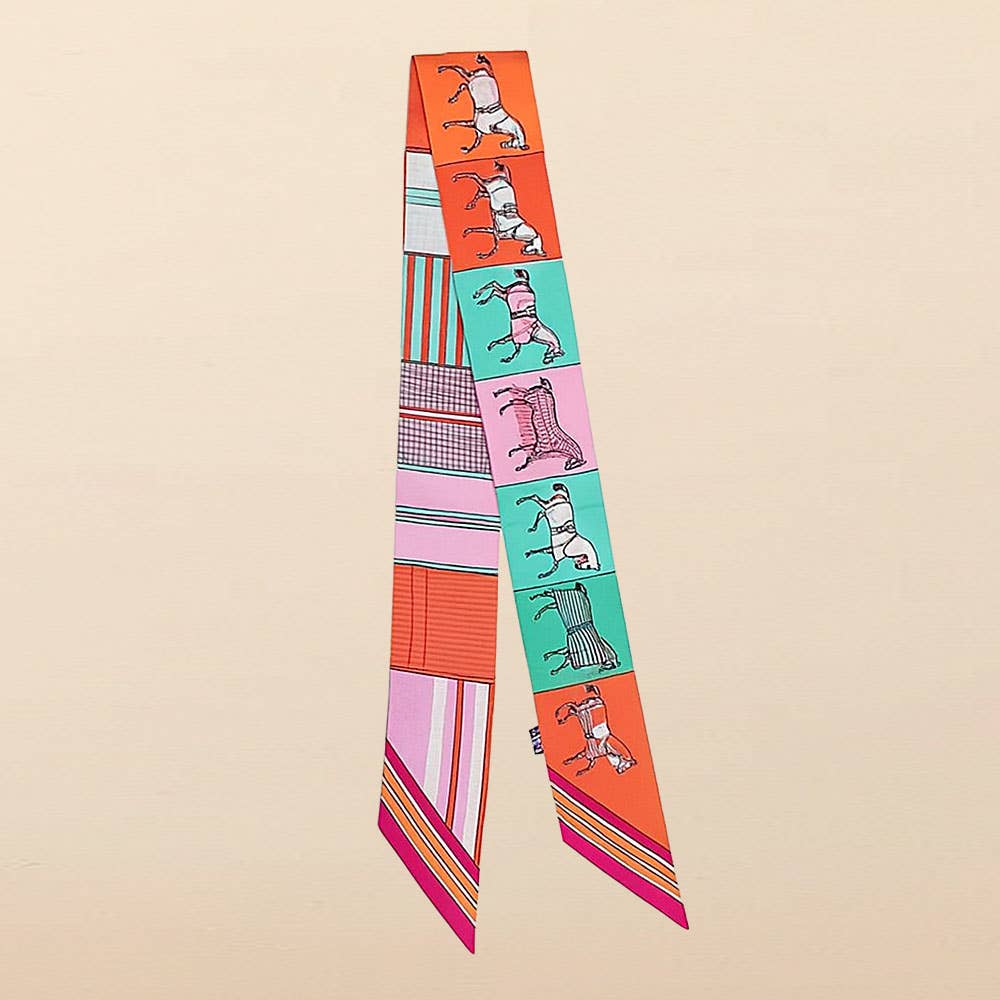 Geometric Square Horse Pattern Printed Twilly Skinny Scarf: Fuchsia