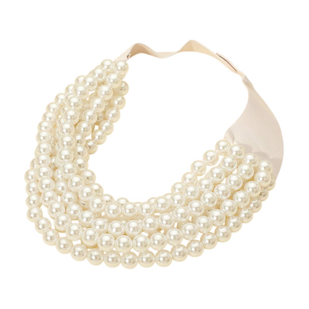 Multi Layered Pearl Beaded Collar Magnetic Necklace: Cream