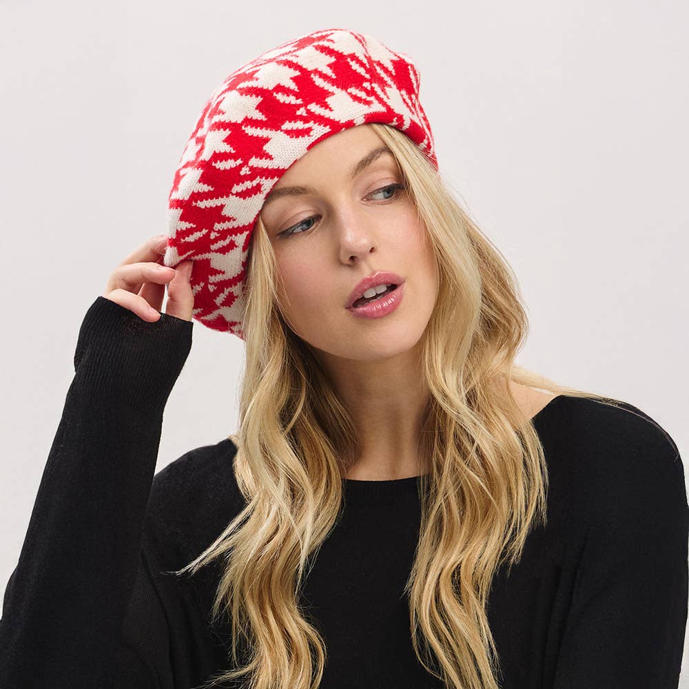 Houndstooth Knit Beret Hat: Red