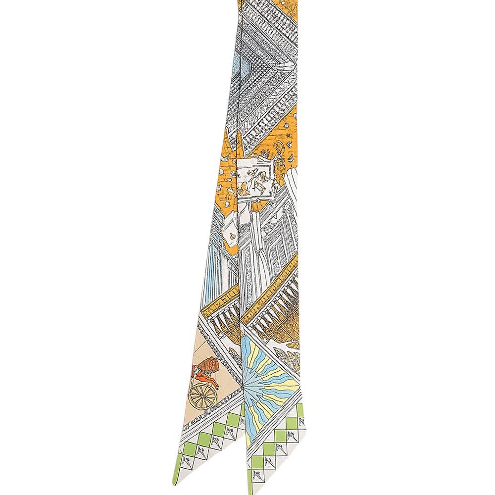 Geometric Architectural Pattern Printed Twilly Skinny Scarf: Blue,Light