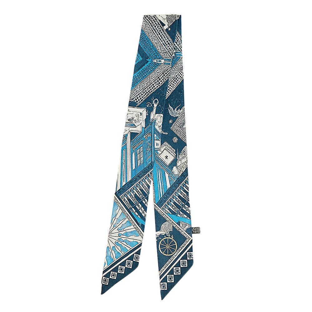 Geometric Architectural Pattern Printed Twilly Skinny Scarf: Blue,Light