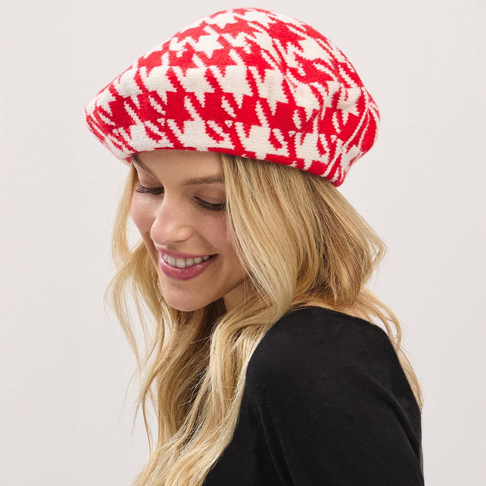 Houndstooth Knit Beret Hat: Red