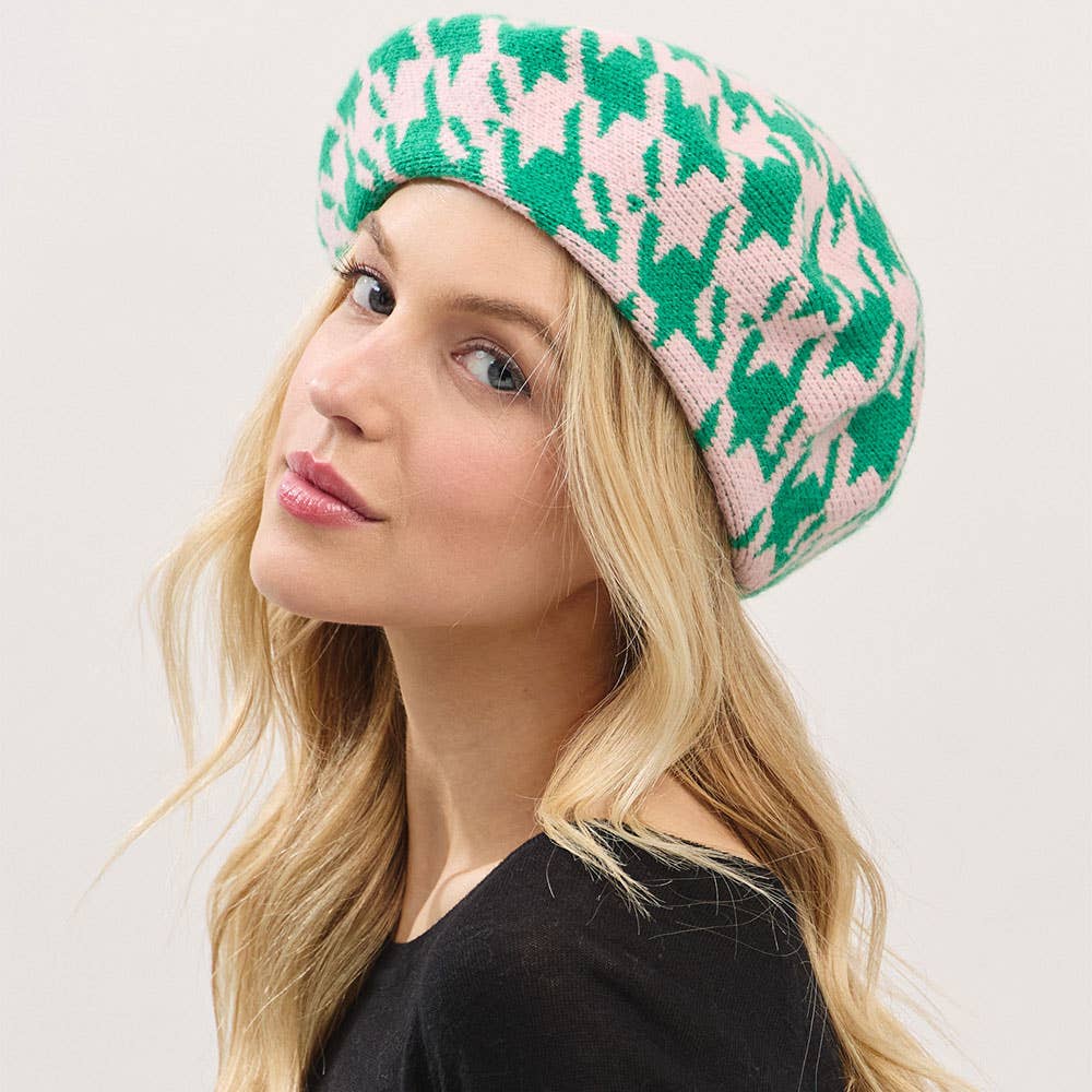 Houndstooth Knit Beret Hat: Pink&Green