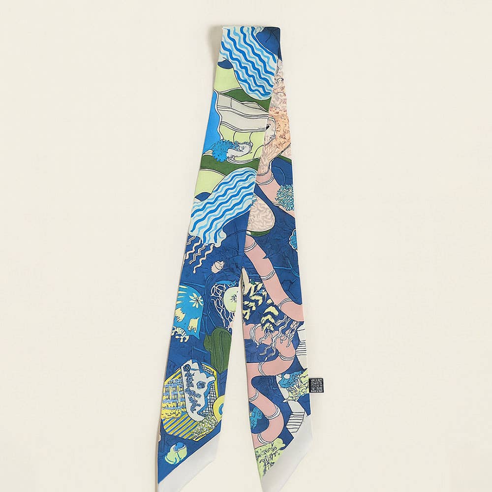 Abstract Pattern Printed Twilly Skinny Scarf: Blue,Dark