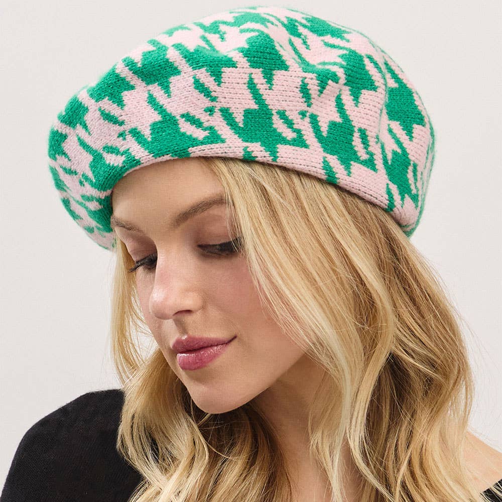 Houndstooth Knit Beret Hat: Pink&Green