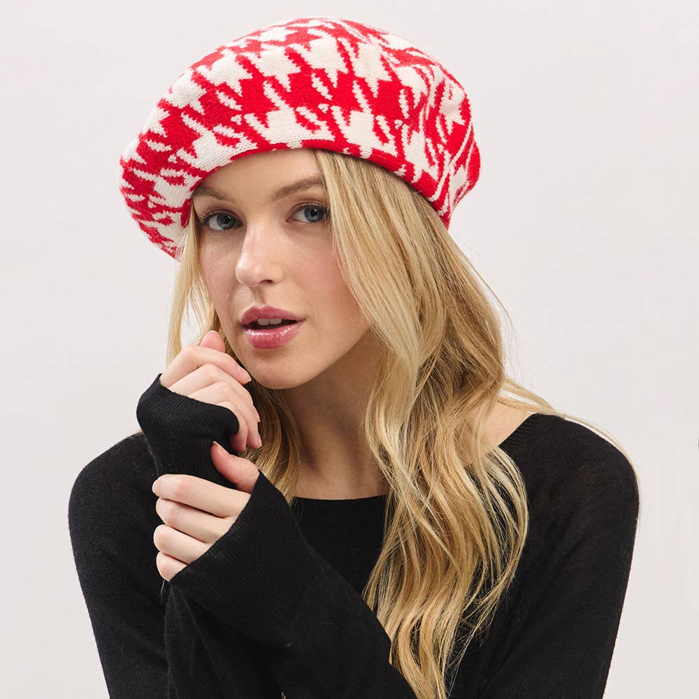Houndstooth Knit Beret Hat: Red