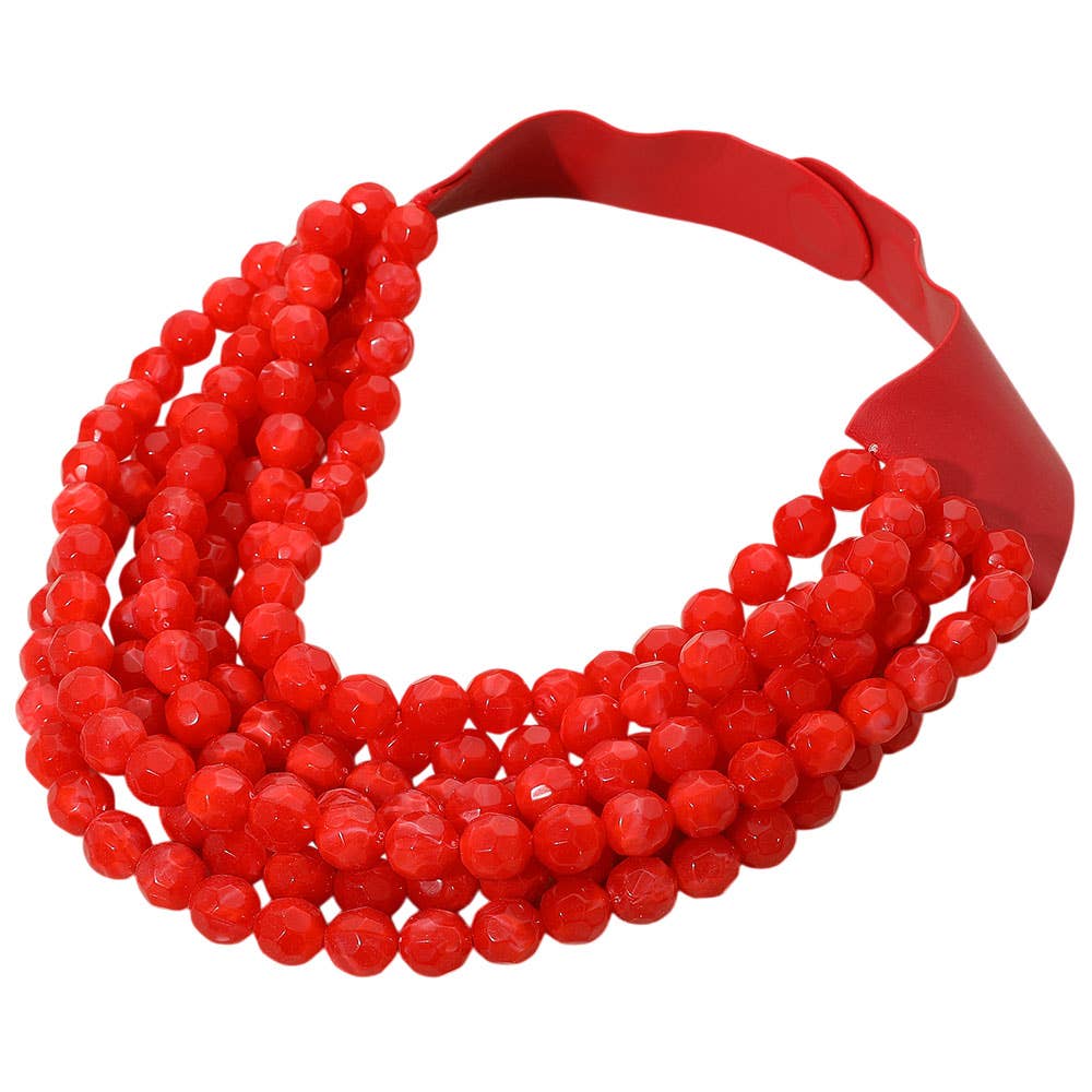 Marbled Faceted Ball Beaded Multi Layered Faux Leather Magnetic Necklace: Red