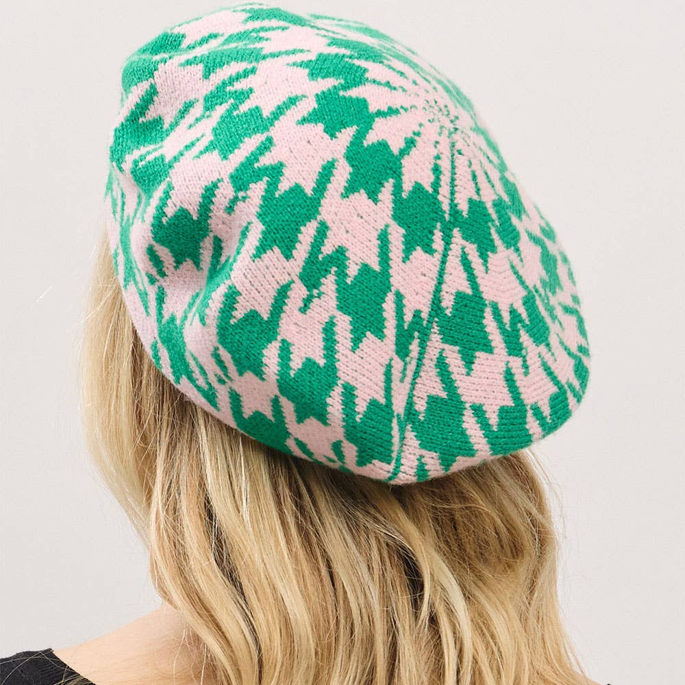Houndstooth Knit Beret Hat: Pink&Green