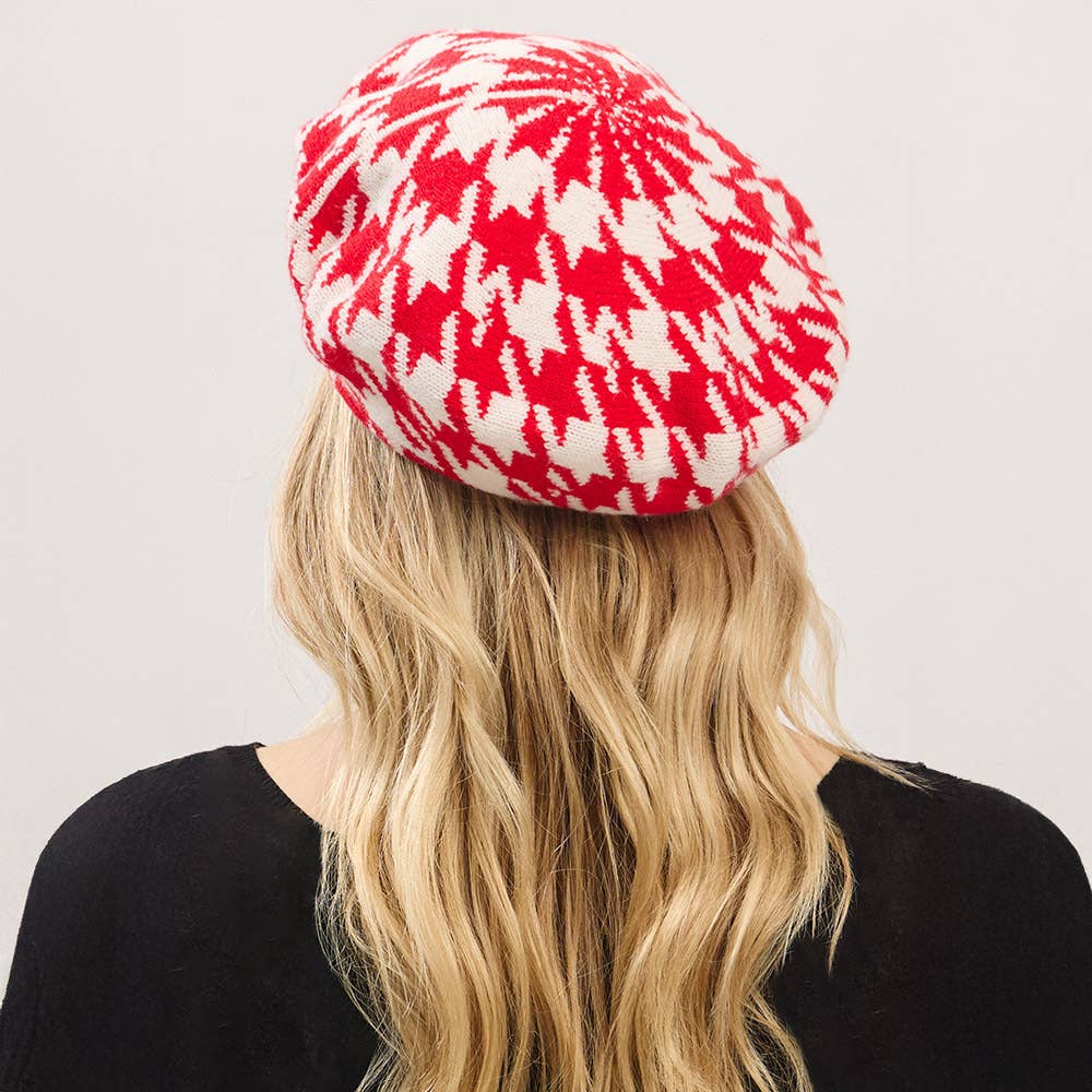 Houndstooth Knit Beret Hat: Red