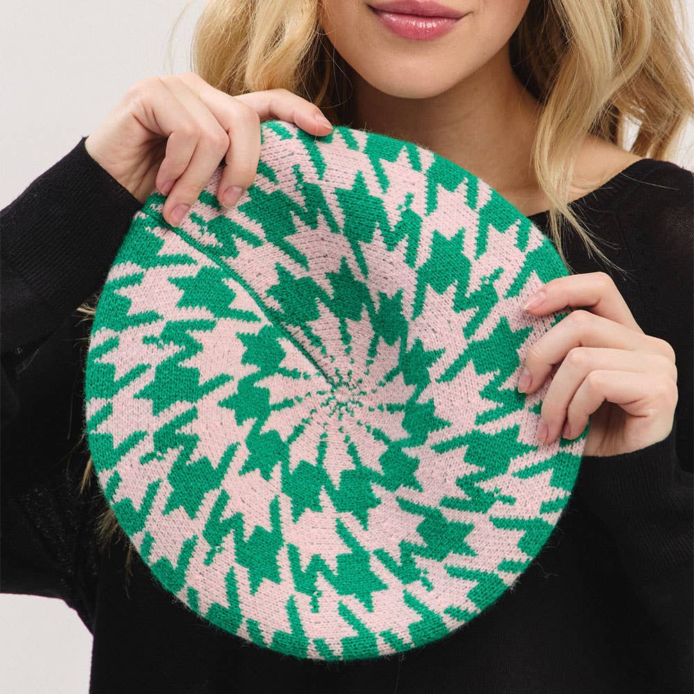 Houndstooth Knit Beret Hat: Pink&Green