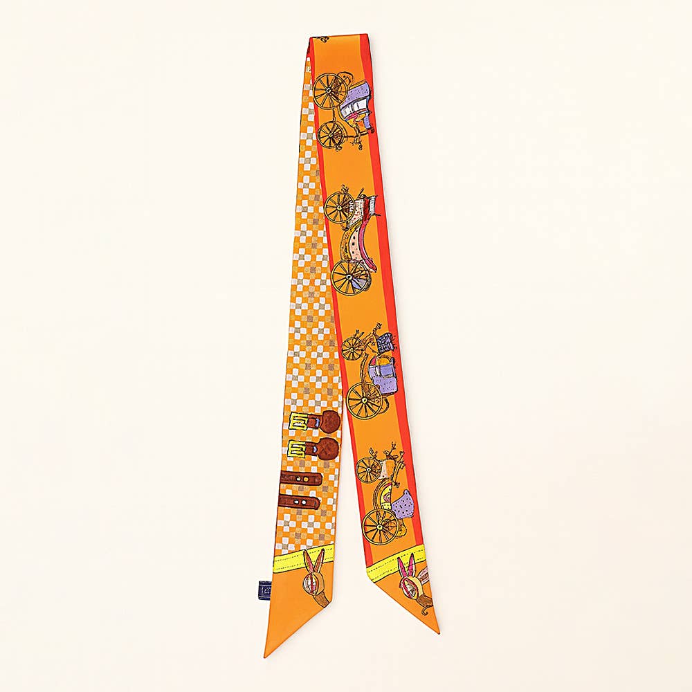 Vintage Carriage Pattern Printed Twilly Skinny Scarf: Orange