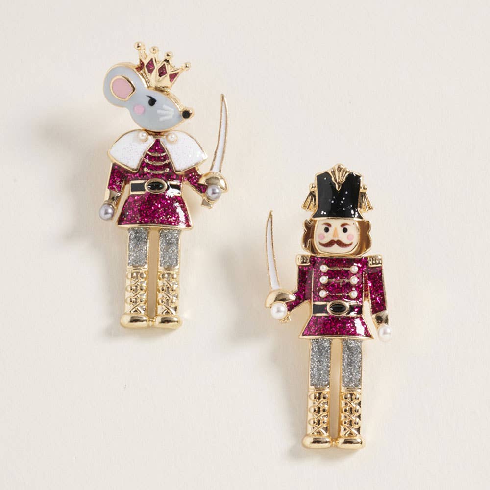Holiday Mismatch Mouse King Nutcracker Earrings: Hot Pink