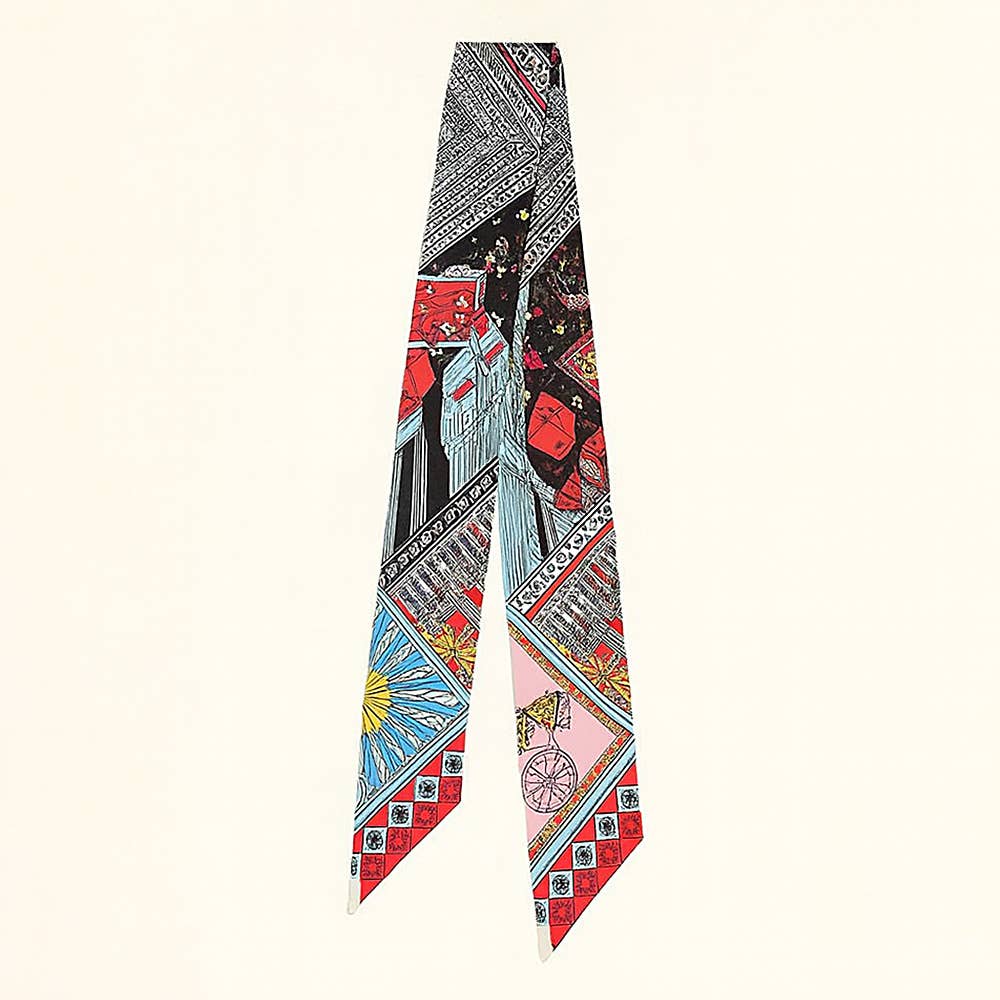 Geometric Architectural Pattern Printed Twilly Skinny Scarf: Blue,Light