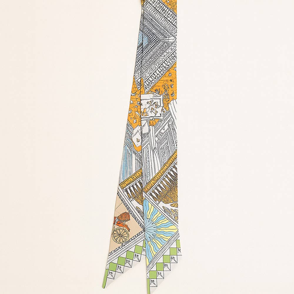 Geometric Architectural Pattern Printed Twilly Skinny Scarf: Green