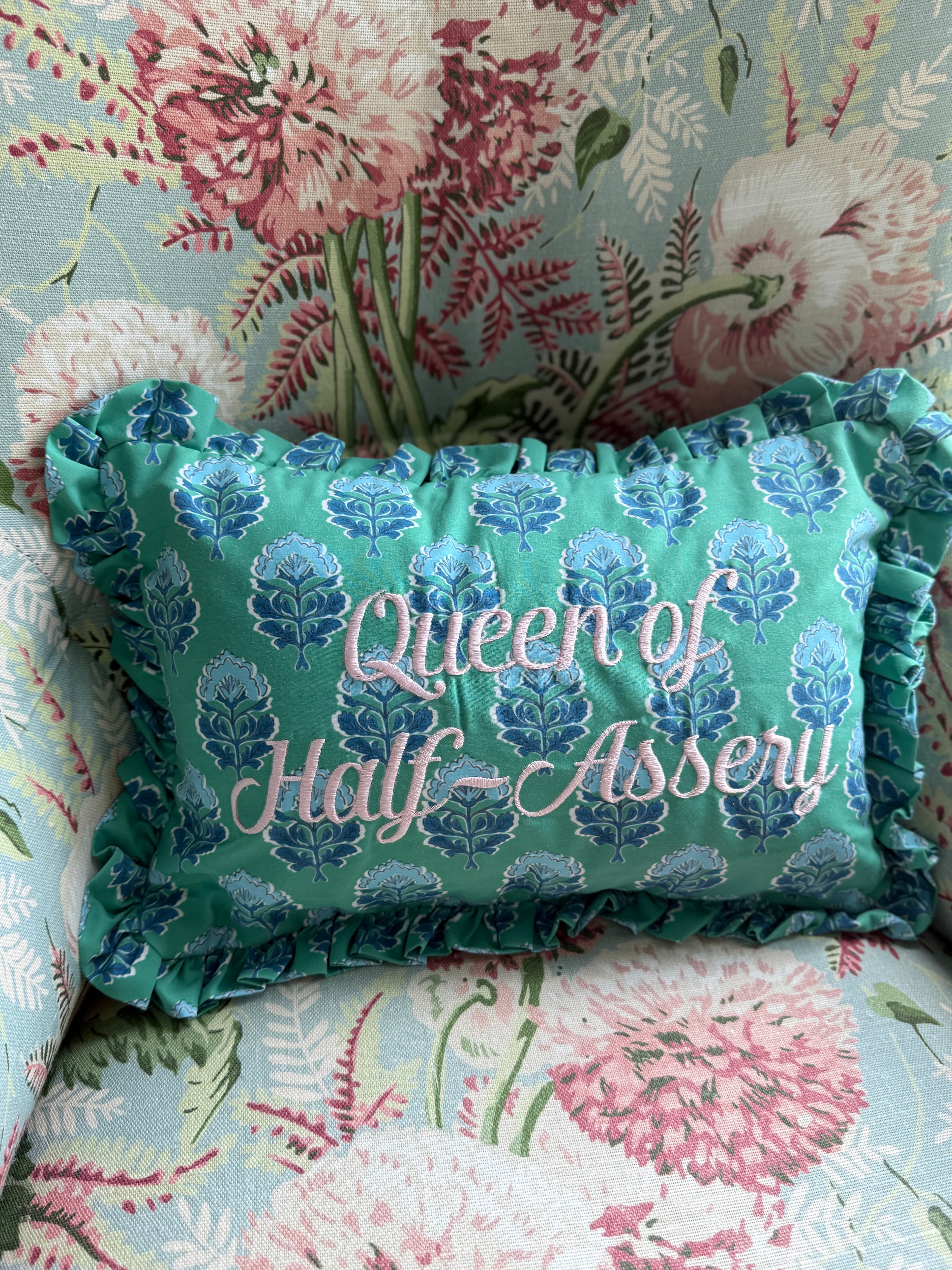 Queen of Half Assery Ruffled Pillow – Amelia Green