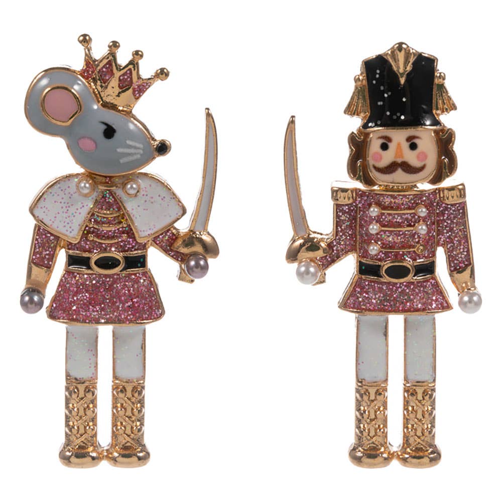 Holiday Mismatch Mouse King Nutcracker Earrings: Pink