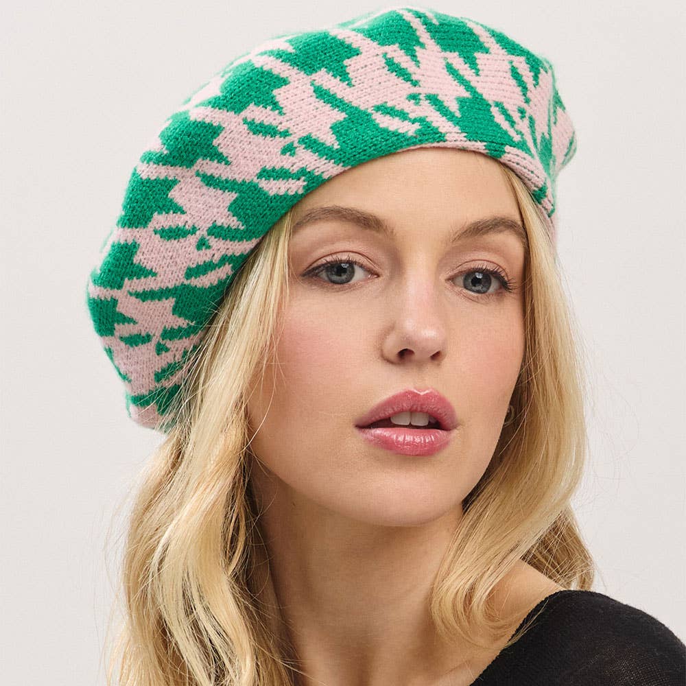 Houndstooth Knit Beret Hat: Pink&Green
