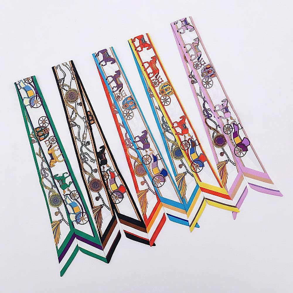 Vintage Carriage Pattern Printed Twilly Skinny Scarf: Purple