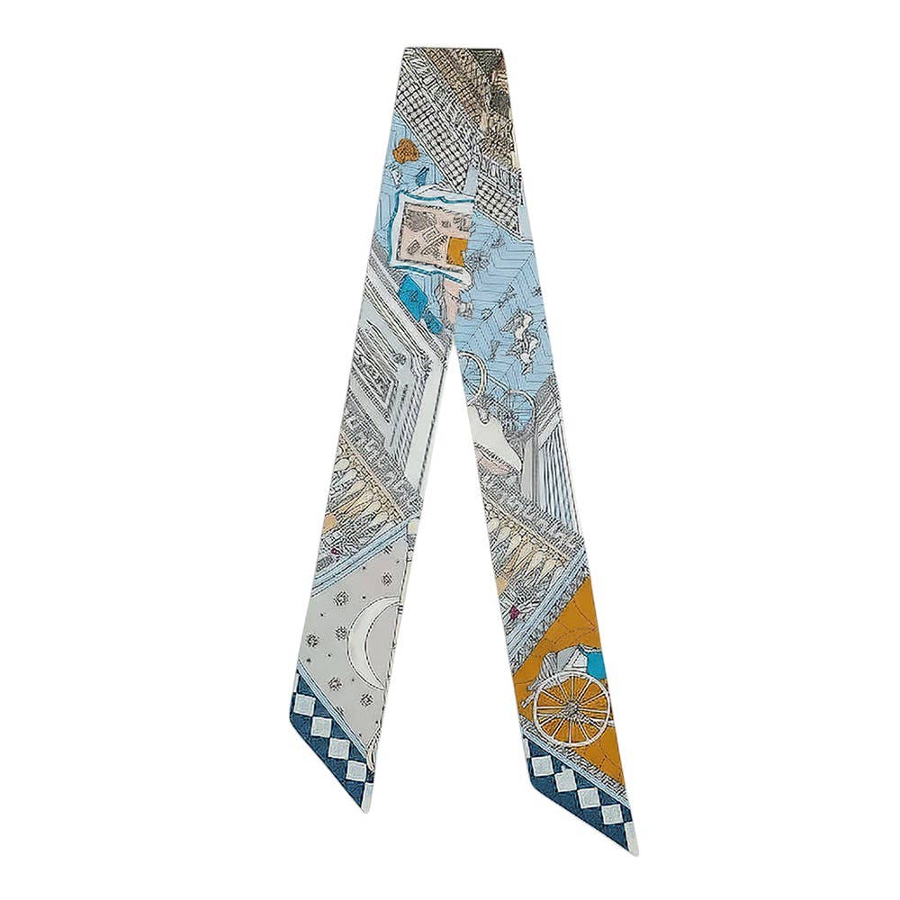 Geometric Architectural Pattern Printed Twilly Skinny Scarf: Blue,Light