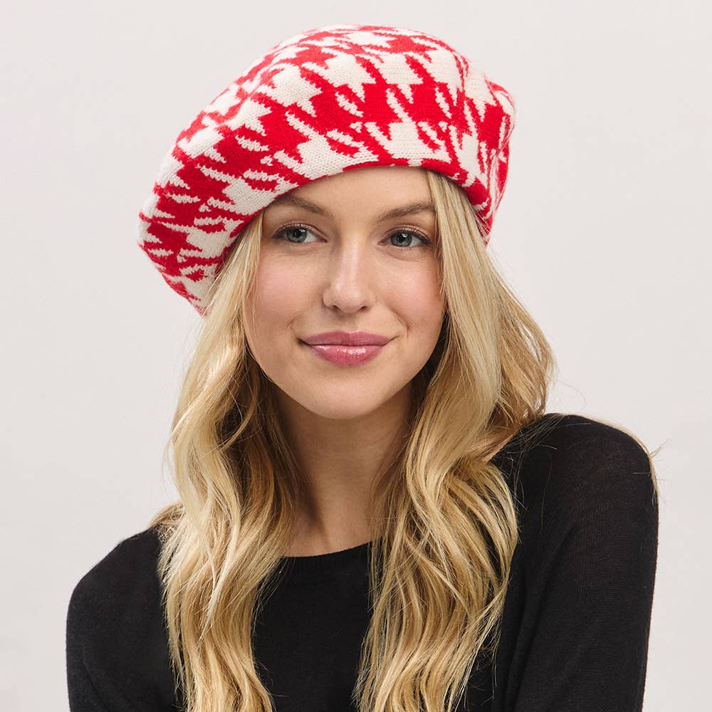 Houndstooth Knit Beret Hat: Red