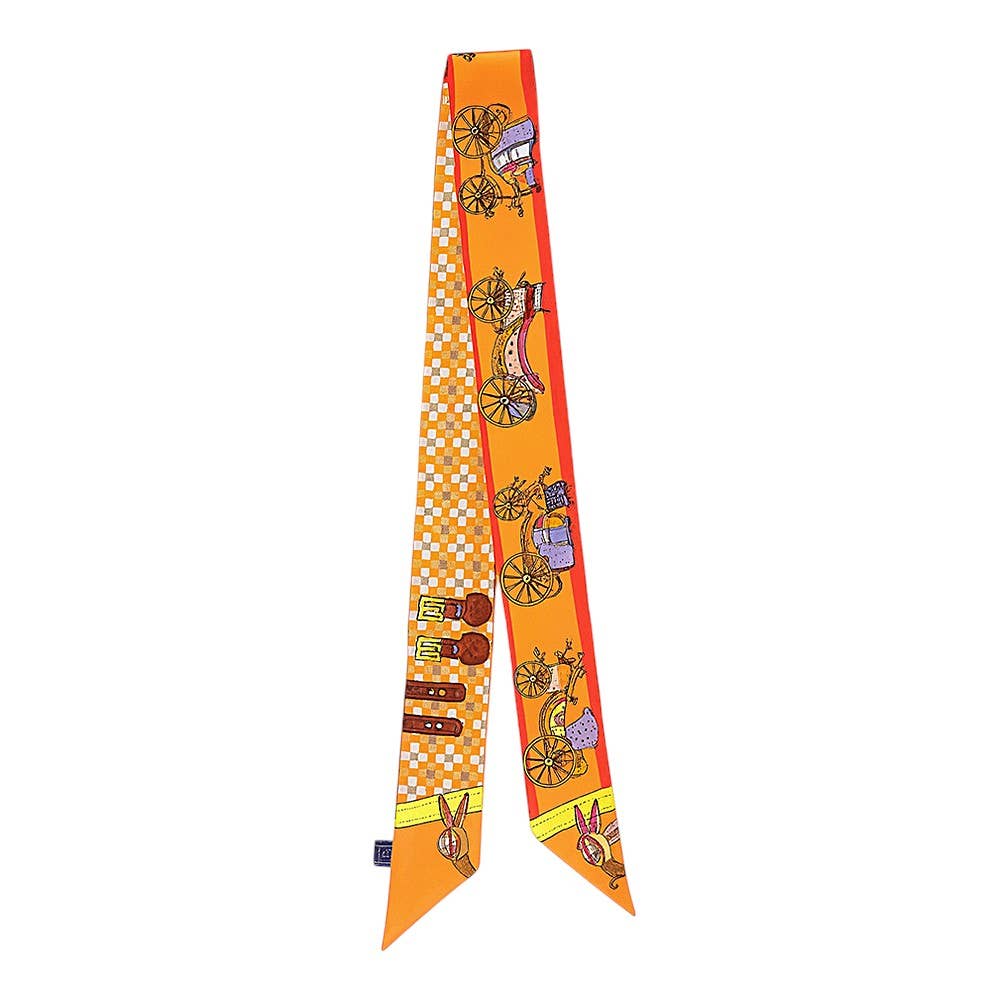 Vintage Carriage Pattern Printed Twilly Skinny Scarf: Orange