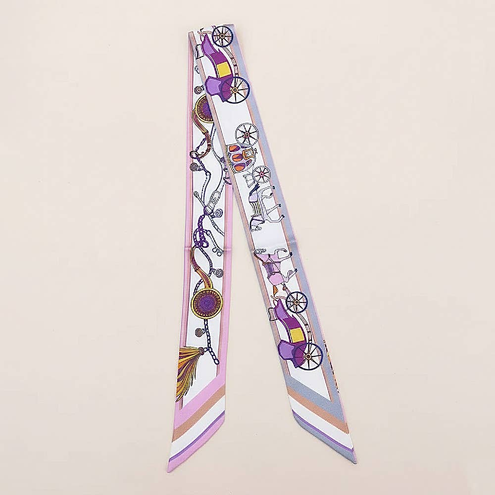 Vintage Carriage Pattern Printed Twilly Skinny Scarf: Purple