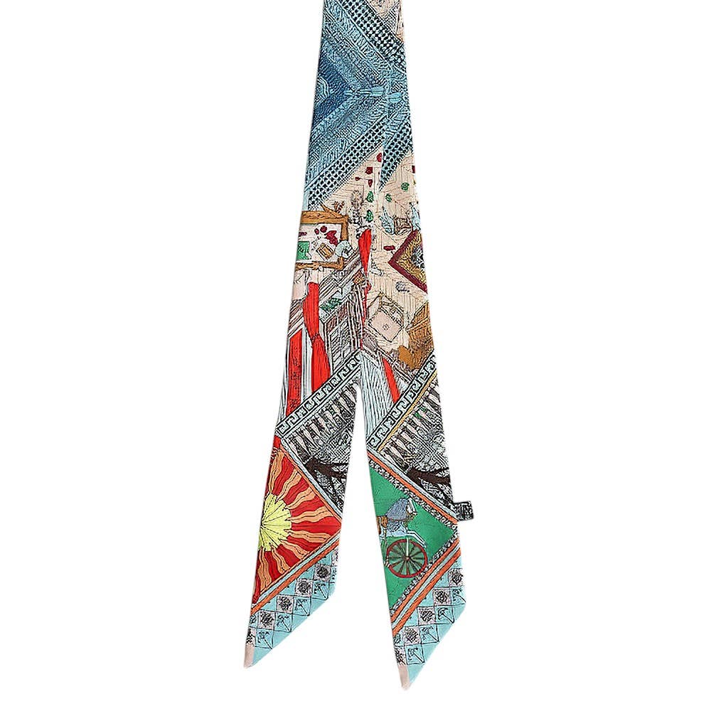 Geometric Architectural Pattern Printed Twilly Skinny Scarf: Blue,Light