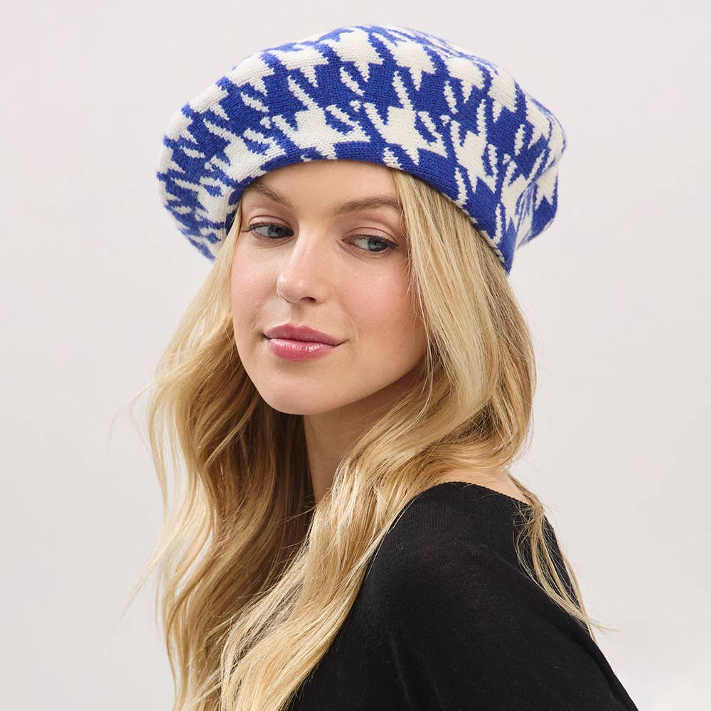 Houndstooth Knit Beret Hat: Royal Blue