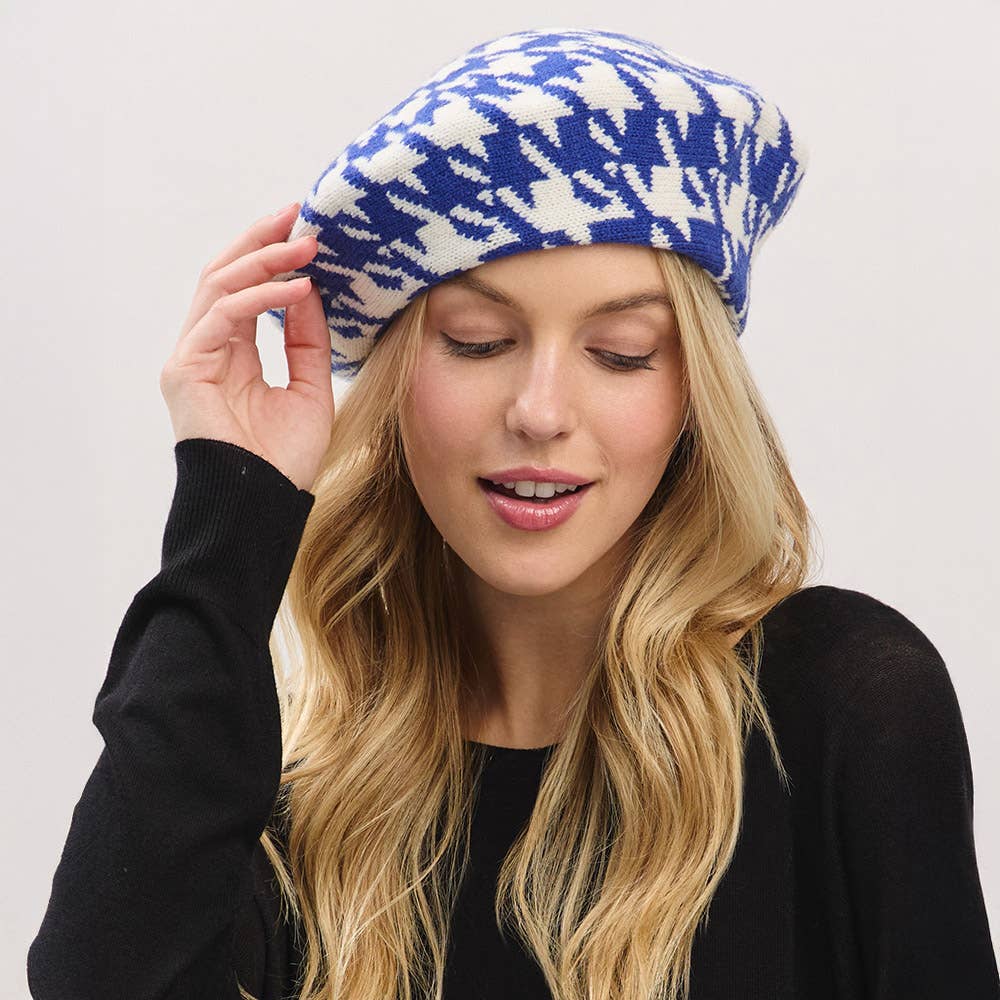 Houndstooth Knit Beret Hat: Royal Blue