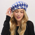 Houndstooth Knit Beret Hat: Royal Blue