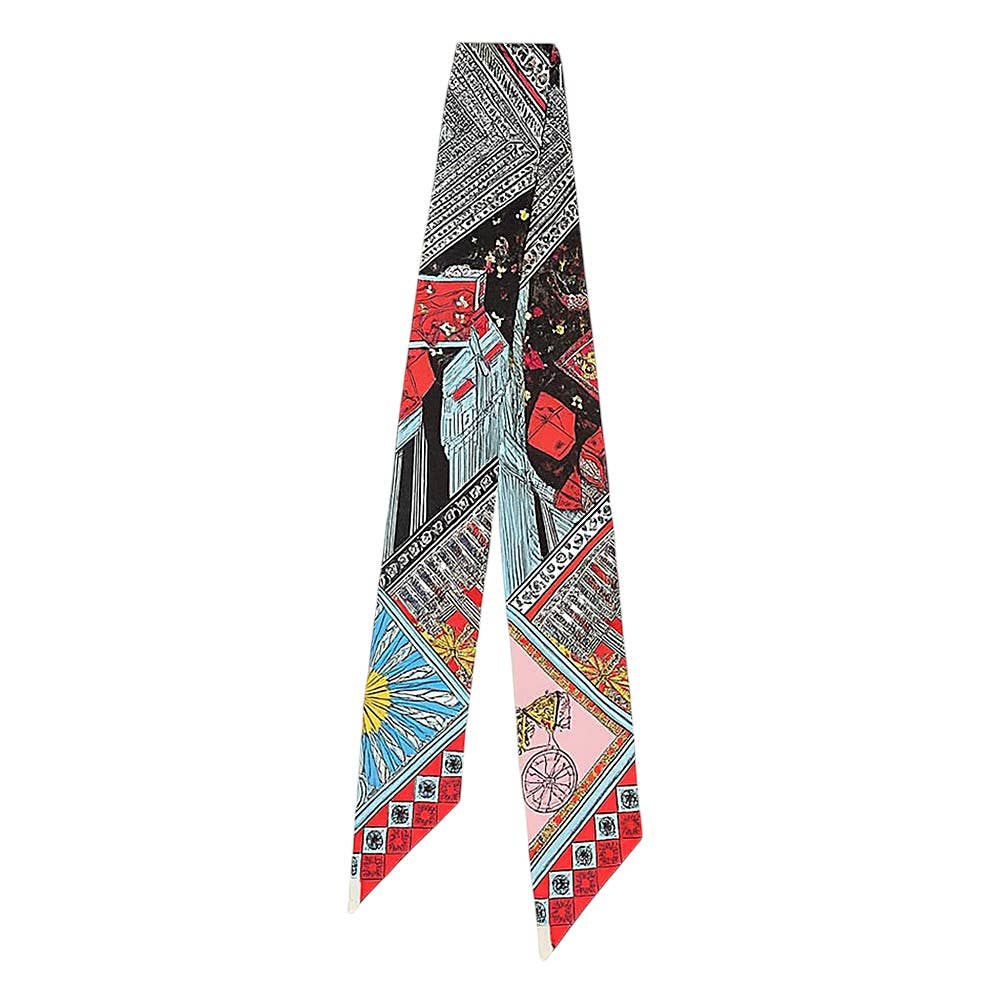 Geometric Architectural Pattern Printed Twilly Skinny Scarf: Blue,Light