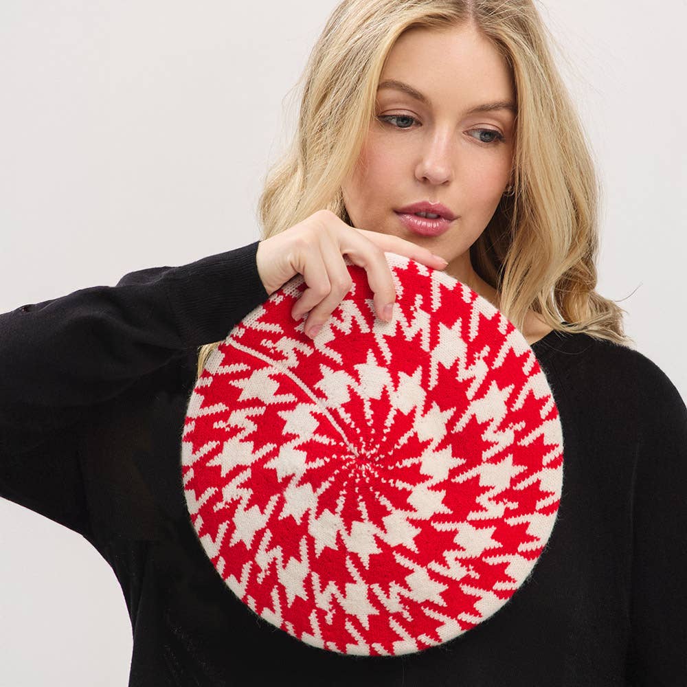 Houndstooth Knit Beret Hat: Red