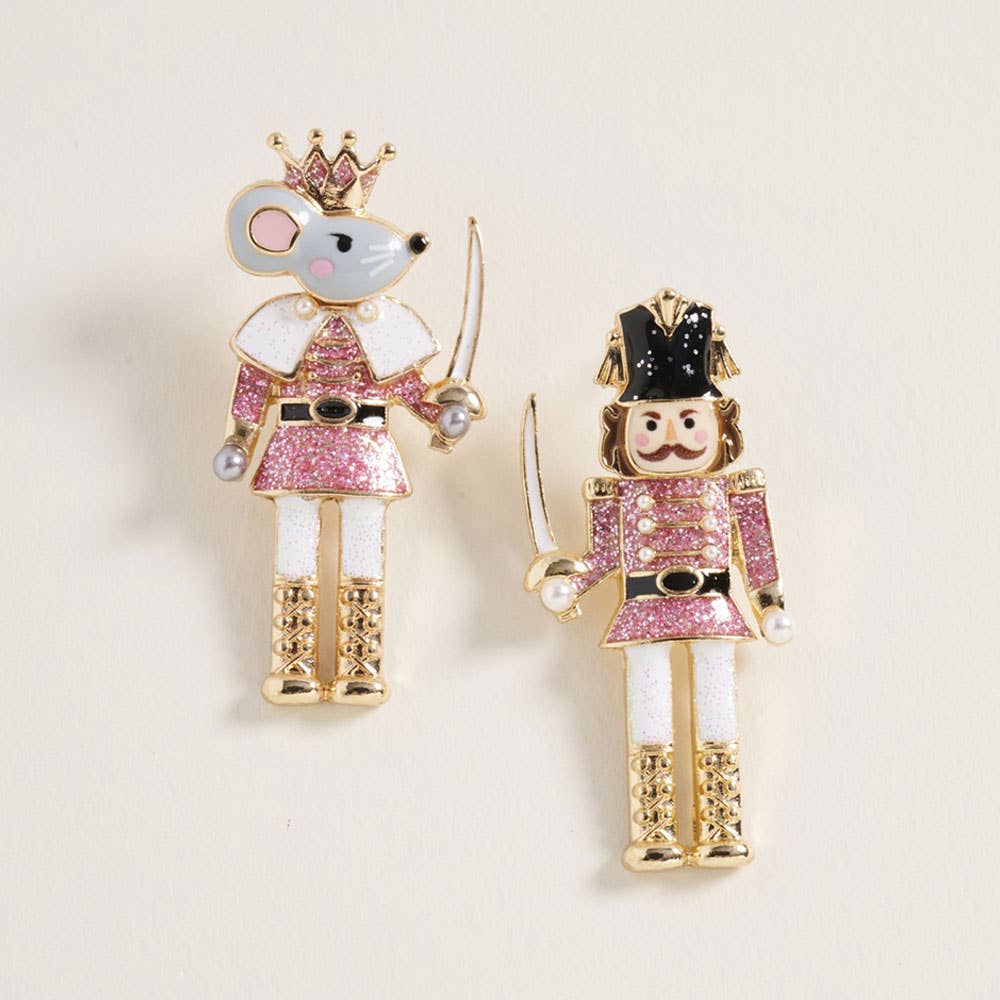 Holiday Mismatch Mouse King Nutcracker Earrings: Hot Pink