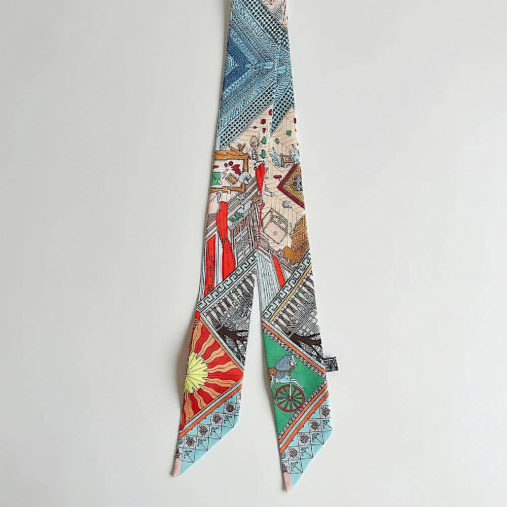 Geometric Architectural Pattern Printed Twilly Skinny Scarf: Blue,Light