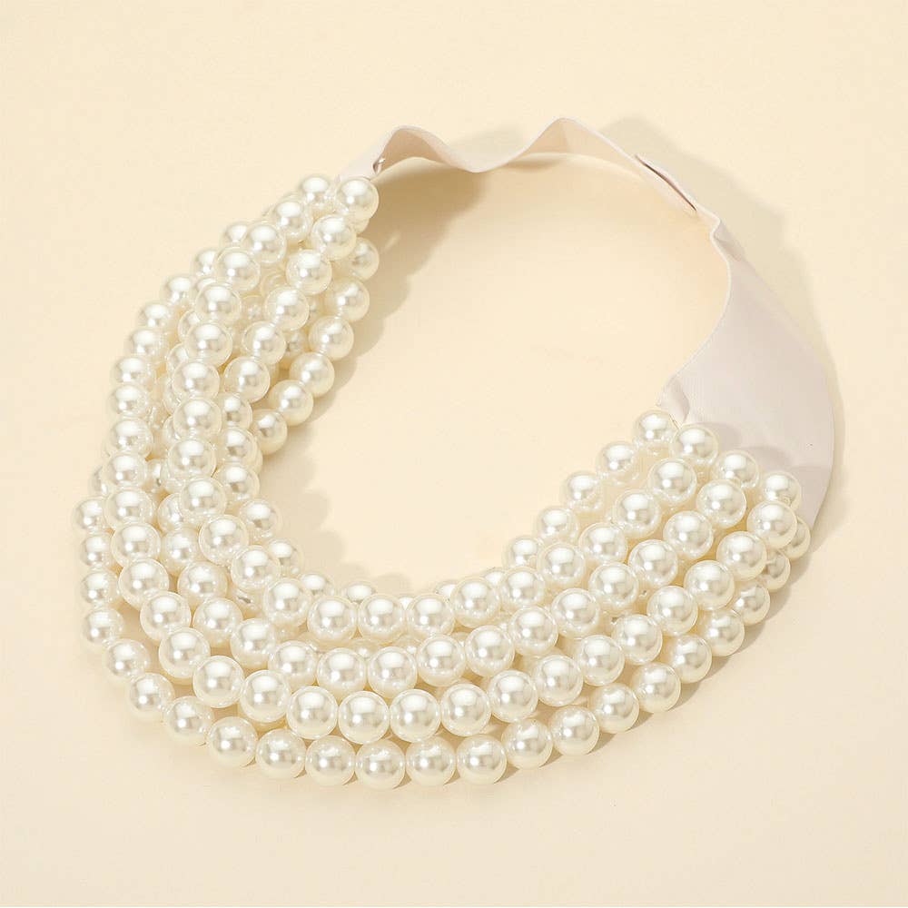Multi Layered Pearl Beaded Collar Magnetic Necklace: Cream