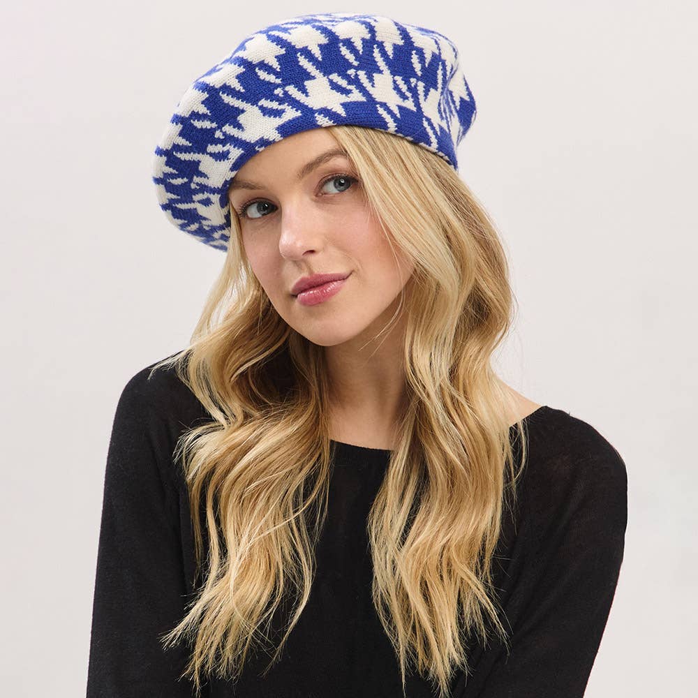 Houndstooth Knit Beret Hat: Royal Blue